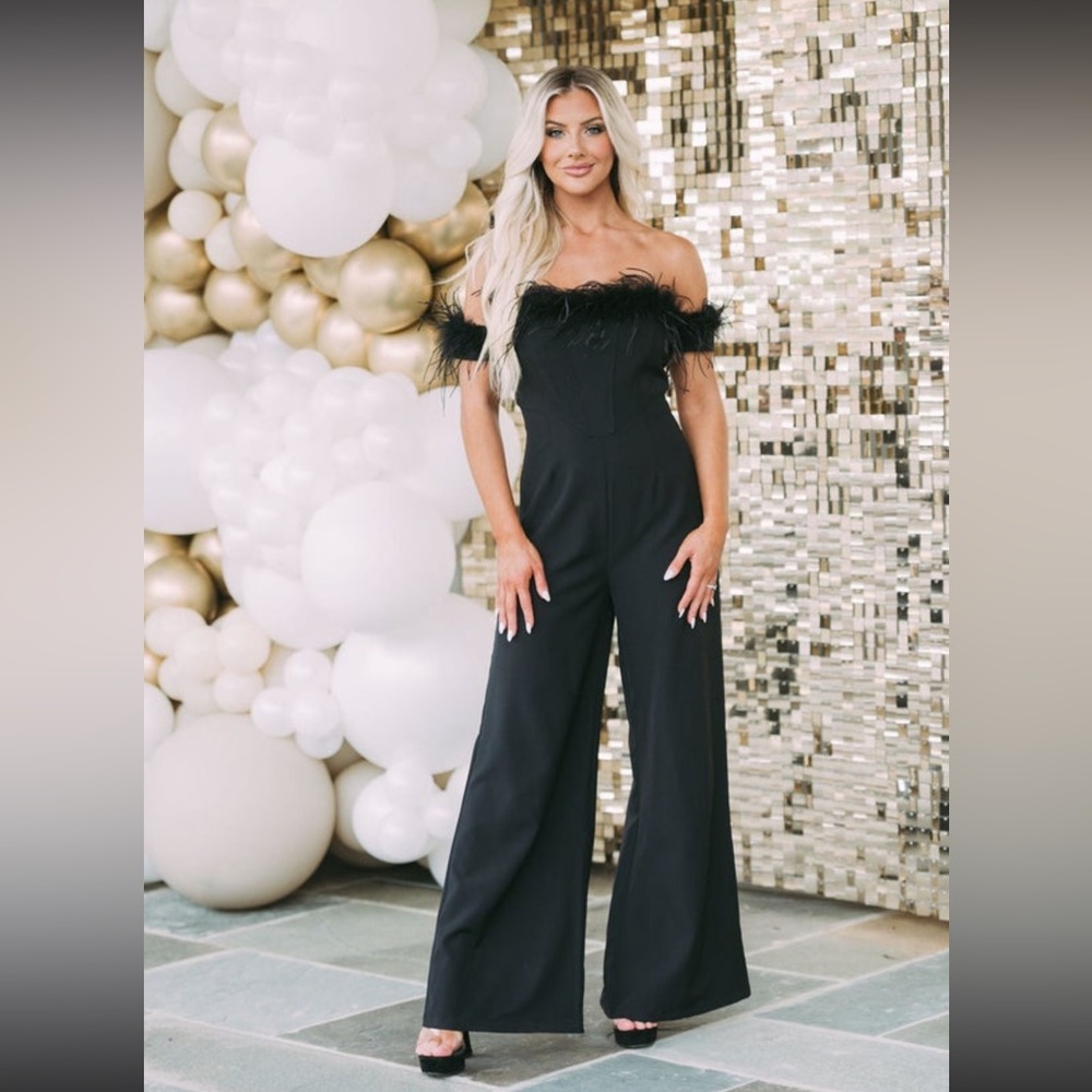 Off the shoulder feather jumpsuit